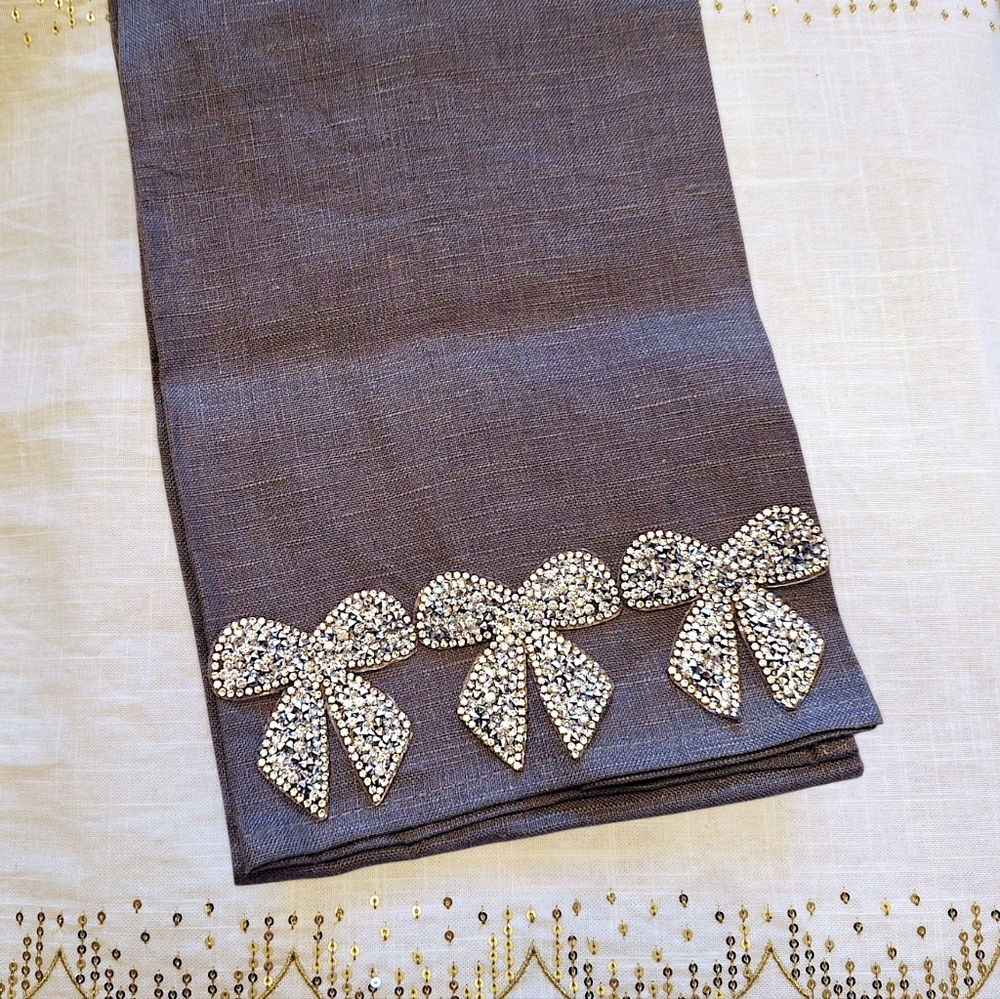 Crystal Bow Hand Towels, Southern Living 100% Linen Towel, Rhinestone Bow Towels